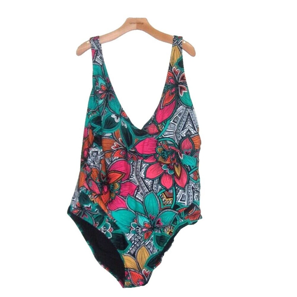 Boutique Swimsuit Sz. 3X  Bloused V-Neck Floral Geometric Print Colorful